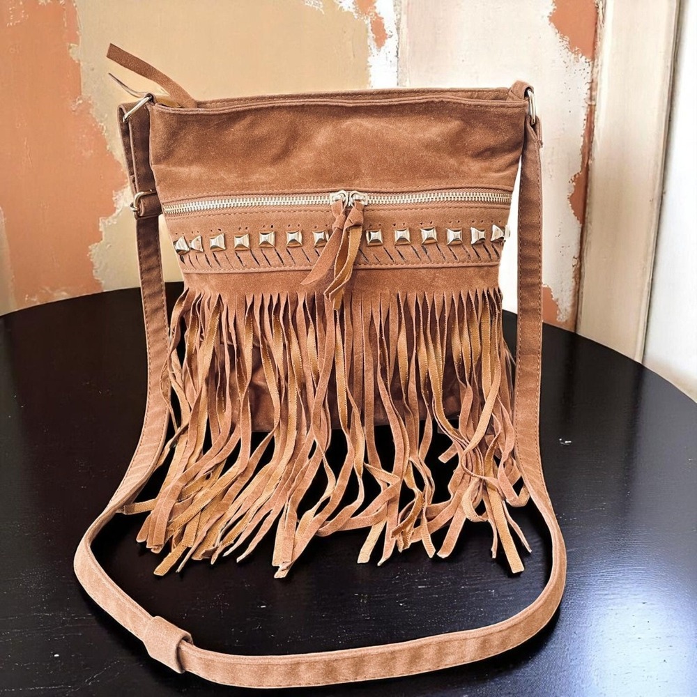Boho‎ Western Fringe Crossbody Bag Brown Faux Suede Studded Festival Y2K Vintage